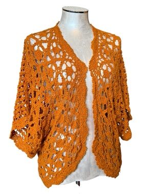 Jessica London Orange Openwork Crochet Cardigan Sweater L 14/16